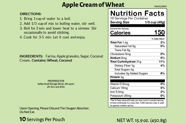 Apple Cream of Wheat - Single Pouch - Valley Food Storage