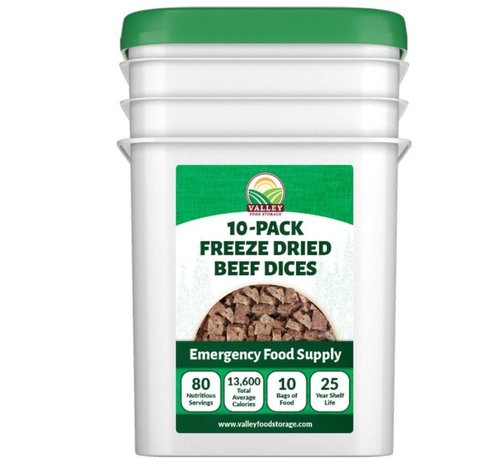 Freeze Dried Beef Dices | 10 Bags + Bucket | USDA-Certified Bag From Valley Food Storage