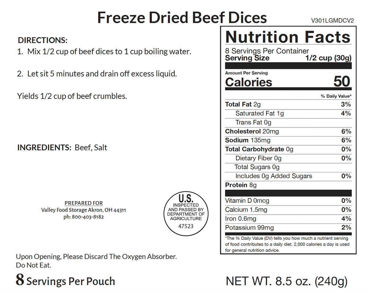 Freeze Dried Beef Dices | 10 Bags + Bucket | USDA-Certified (Copy) Freeze Dried Beef Dices | 10 Bags + Bucket | USDA-Certified (Copy) From Valley Food Storage