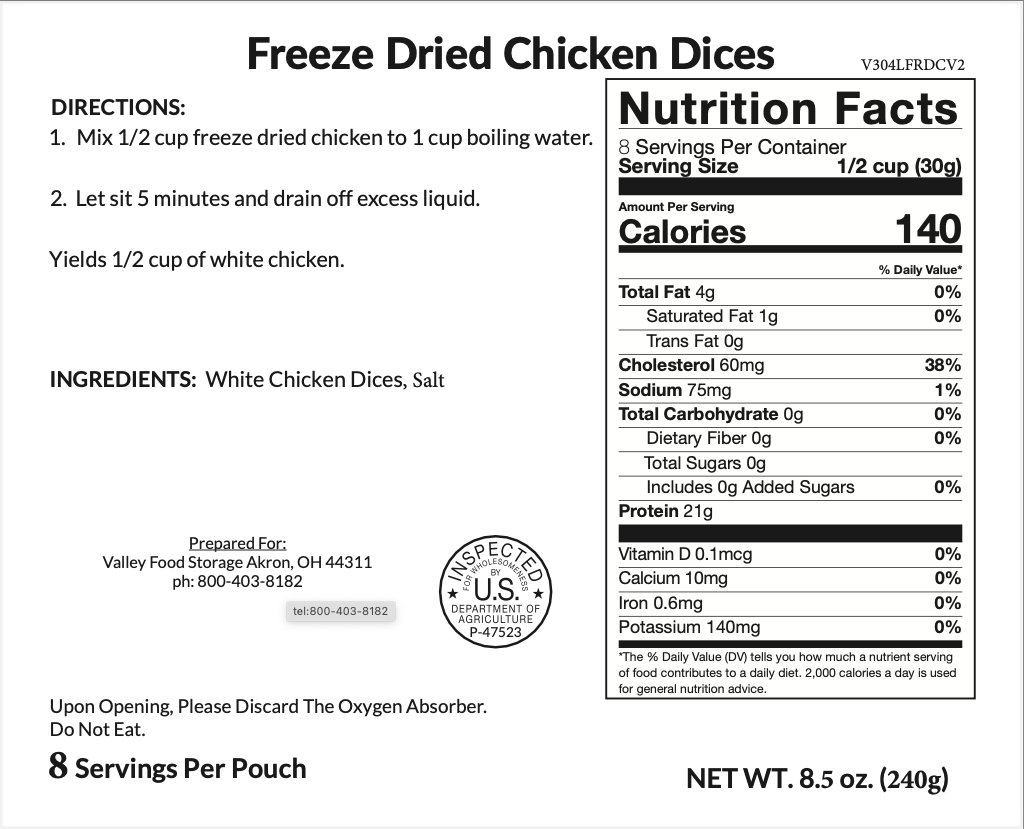Freeze Dried Chicken Dices Bag From Valley Food Storage