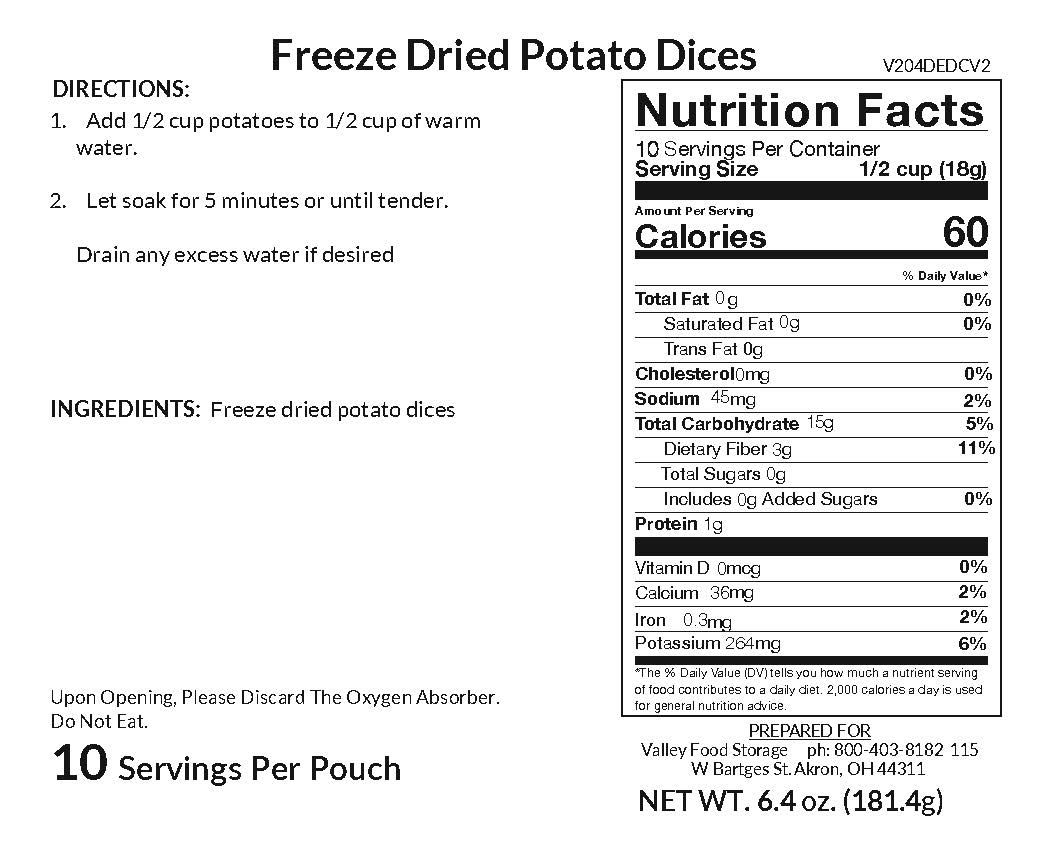 Freeze Dried Potato Dices VEGETABLE From Valley Food Storage