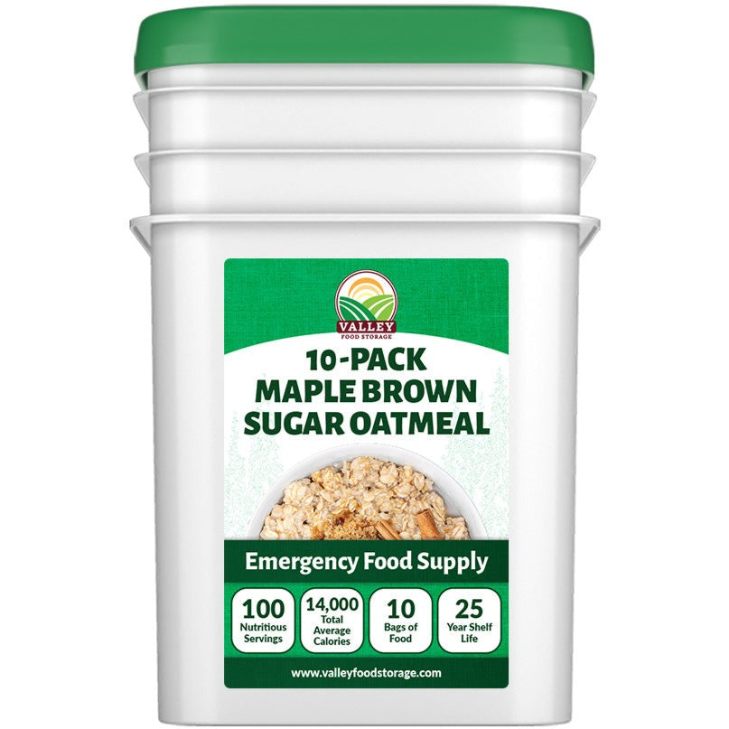 Maple Brown Sugar Oatmeal | 10 Pack + Bucket BREAKFAST Maple Brown Sugar Oatmeal | Order 25 Year Shelf Life Maple Brown Sugar Oatmeal From Valley Food Storage