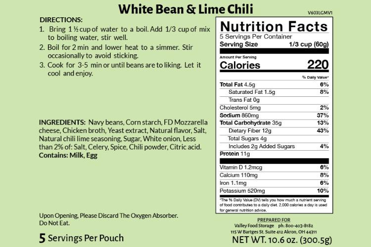 White Bean and Lime Chili | 10 Pack + Bucket ENTREE From Valley Food Storage